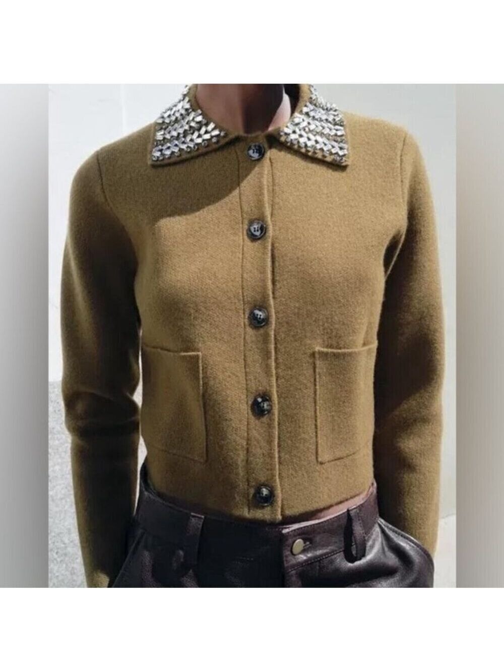 Zara ZW Collection 100% Wool Jewel Collar Cardigan Size XL - Picture 7 of 15